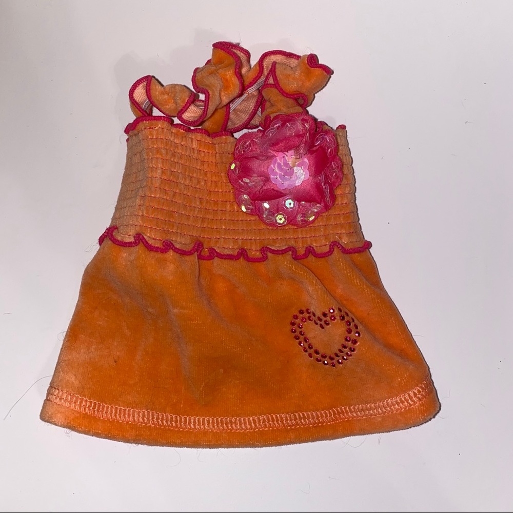 Orange velour dog dress with pink sequin flower